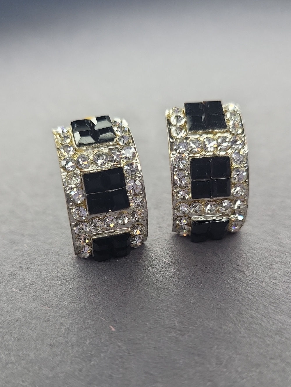 Silver-Tone Black Crystal Hoop Clip-On Earrings